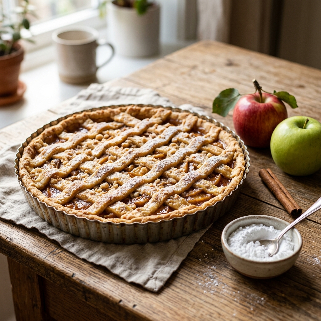 elmalı tart tarifi: Tart kalıbında pudra şekeri serpilmiş tarçınlı elmalı tart