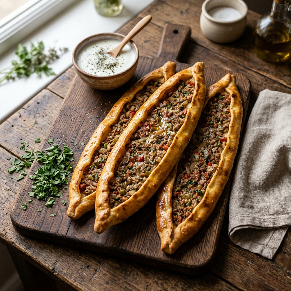 kıymalı pide tarifi: Tahta üzerinde tereyağı gezdirilmiş, kenarları kızarık üç adet kıymalı pide