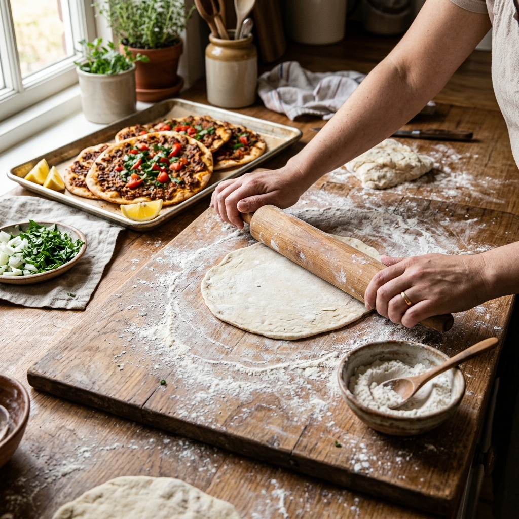lahmacun tarifi: Tezgahta ince açılmış lahmacun hamuru ve yanında fırından yeni çıkmış lahmacunlar