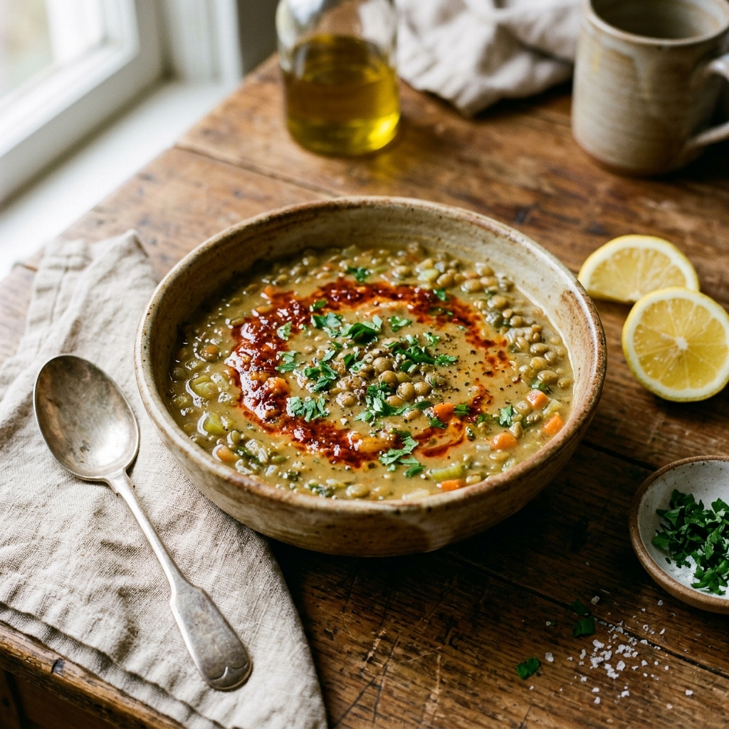 Kırmızı biberli tereyağı ve limon dilimiyle servis edilen yeşil mercimek çorbası kasesi