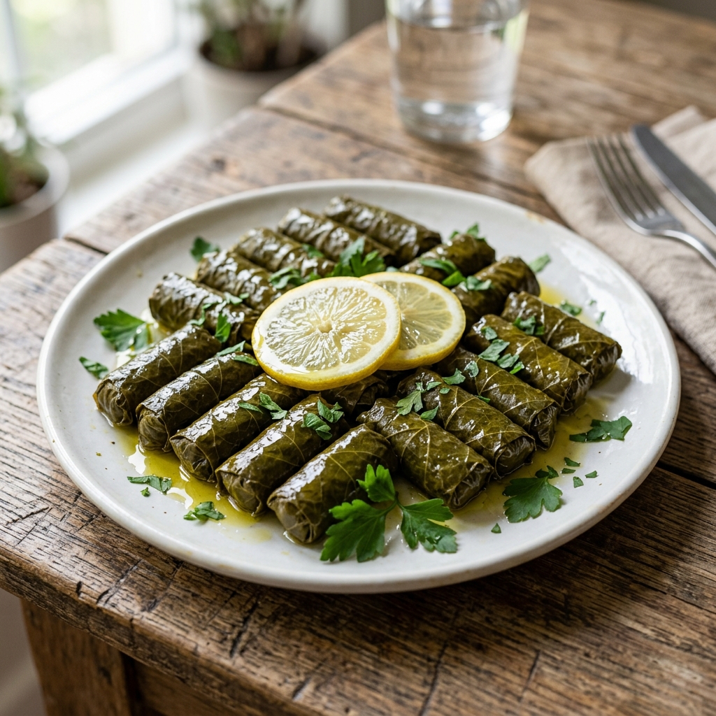 Limon dilimleri ve zeytinyağı ile servis edilmiş ince zeytinyağlı yaprak sarma tabağı